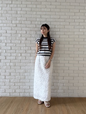 「cloenc（クロエンス）の【ひんやり／マシンウォッシュ】フレンチスリーブニット（ニット/セーター、レッド系）」を使った、Norimiさん（レディース・160cm）の夏コーディネート