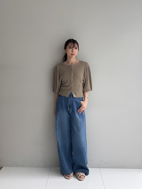 「cloenc（クロエンス）の【手洗い可】パフスリーブニットカーディガン（カーディガン/ボレロ、ベージュ系）」を使った、Norimiさん（レディース・160cm）の夏コーディネート
