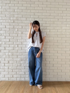 「cloenc（クロエンス）の【ひんやり／UVカット】スタンドリボンフリルブラウス（シャツ/ブラウス、グレー系）」を使った、Norimiさん（レディース・160cm）の夏コーディネート