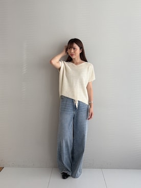 「cloenc（クロエンス）のAIRYDRY ラメガーターフレンチスリーブニット【UVカット／抗菌防臭】（ニット/セーター、ベージュ系）」を使った、Norimiさん（レディース・160cm）の夏コーディネート
