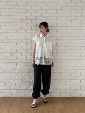 「cloenc（クロエンス）の【ひんやり／体型カバー】レースフレンチスリーブブラウス（シャツ/ブラウス、ホワイト系）」を使った、Norimiさん（レディース・160cm）の夏コーディネート