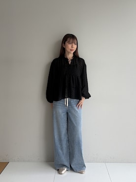 「cloenc（クロエンス）の【通気性◎】ドットジャガードブラウス（シャツ/ブラウス、ブラック系）」を使った、Norimiさん（レディース・160cm）の夏コーディネート