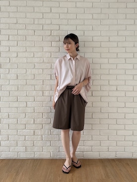 「cloenc（クロエンス）の【接触冷感／UVカット／マシンウォッシュ】バルーンオーバーシャツ（シャツ/ブラウス、ピンク系）」を使った、Norimiさん（レディース・160cm）の夏コーディネート