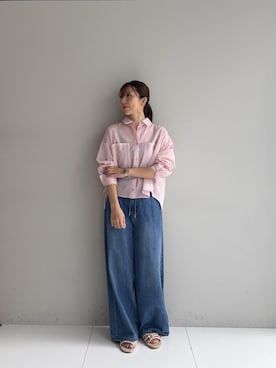 「cloenc（クロエンス）の【再入荷】シアーストライプシャツ（シャツ/ブラウス、ピンク系）」を使った、Norimiさん（レディース・160cm）の夏コーディネート