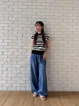 「cloenc（クロエンス）の【ひんやり／マシンウォッシュ】フレンチスリーブニット（ニット/セーター、ブラック系）」を使った、Norimiさん（レディース・160cm）の夏コーディネート