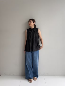 「cloenc（クロエンス）の【手洗い可】プリーツブラウス（シャツ/ブラウス、ブラック系）」を使った、Norimiさん（レディース・160cm）の夏コーディネート