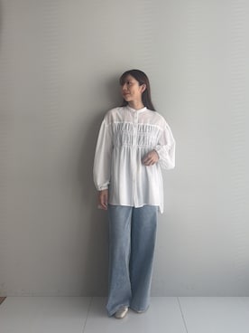 「cloenc（クロエンス）の【マシンウォッシュ】シャーリング チュニックブラウス（シャツ/ブラウス、ホワイト系）」を使った、Norimiさん（レディース・160cm）の夏コーディネート