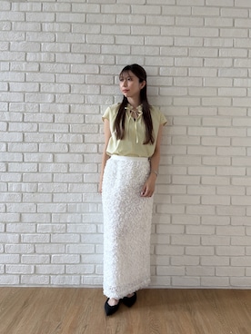 「cloenc（クロエンス）の【ひんやり／UVカット】スタンドリボンフリルブラウス（シャツ/ブラウス、イエロー系）」を使った、Norimiさん（レディース・160cm）の夏コーディネート