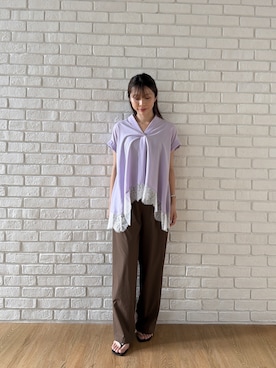 「cloenc（クロエンス）の【ひんやり／体型カバー】レースフレンチスリーブ スキッパーブラウス（シャツ/ブラウス、パープル系）」を使った、Norimiさん（レディース・160cm）の夏コーディネート