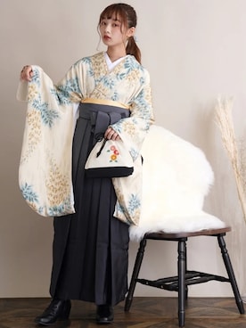 「アイテム（着物、イエロー系）」を使った、utataneスタッフさん（レディース・160cm）の冬コーディネート
