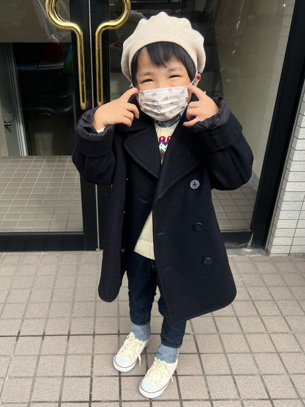 「休日スタイル、H&Mキッズ、キッズファッション、おしゃれさんと繋がりたい、ベレー帽、秋冬コーデ、6歳、おとこのこ」｜「LOWRYS FARMのコットンベレー帽　848761（ハンチング/ベレー帽、ベージュ系）」を使った、✳︎sho-ma✳︎さん（キッズ・110cm）の秋コーディネートの1枚目の写真