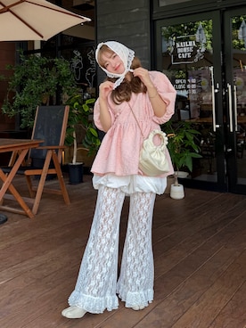 「CIAOPANIC（チャオパニック）のレースフレアレイヤードフリルパンツ（その他パンツ）」を使った、una.さん（レディース・148cm）の夏コーディネート