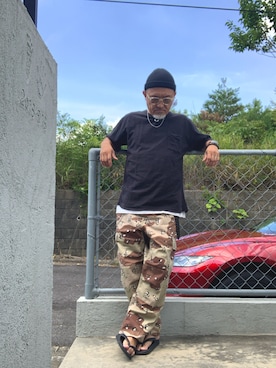 「ROTOTO（ロトト）のアイテム（ニットキャップ/ビーニー、ブラック系）」を使った、AKTKさん（メンズ・168cm）の夏コーディネート