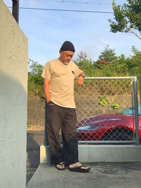 「ROTOTO（ロトト）のアイテム（ニットキャップ/ビーニー、ブラック系）」を使った、AKTKさん（メンズ・168cm）の夏コーディネート