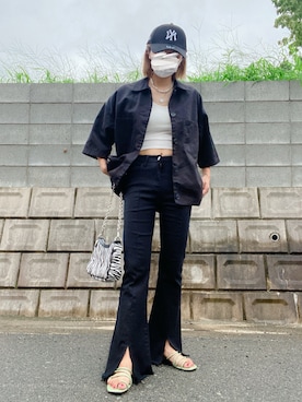 「GRL（グレイル）のフリンジヘムセンタースリットフレアパンツ（その他パンツ、ブラック系）」を使った、enna_028さん（レディース・157cm）の夏コーディネート