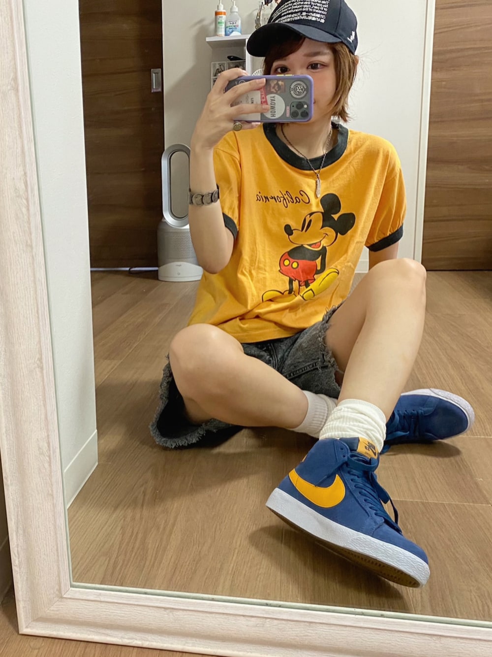 「ハーフパンツ、古着、リンガーTシャツ、kolor、スニーカー、Nike blazer、ミシガン」｜「古着のアイテム（Tシャツ/カットソー、イエロー系）」を使った、adaaajoさん（レディース・166cm）の夏コーディネートの1枚目の写真