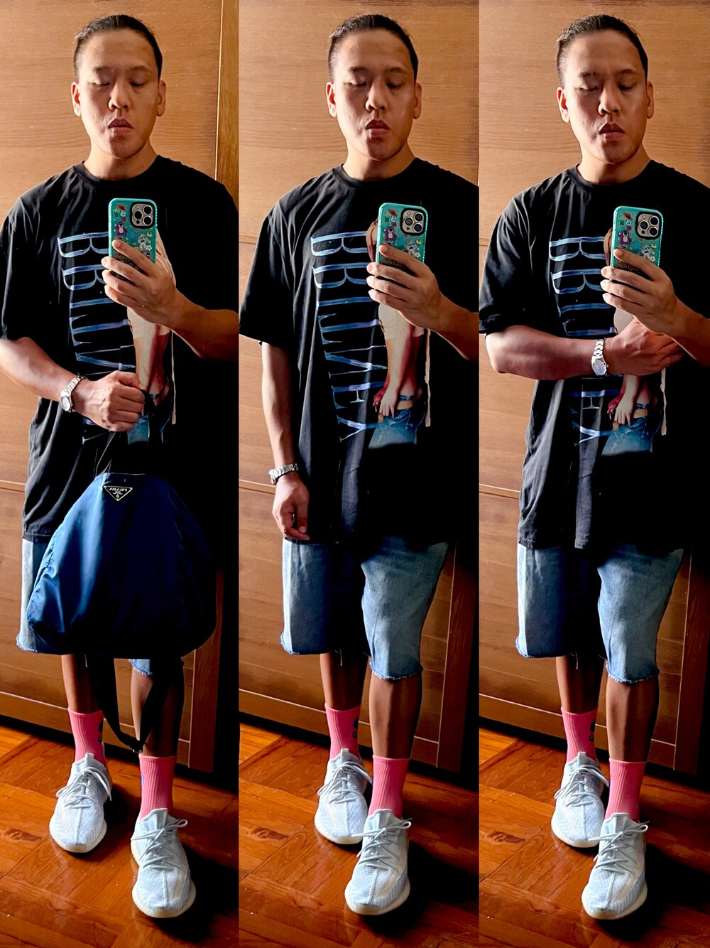 ブラック系のTシャツ/カットソー、ブルー系のショルダーバッグ、シルバー系のスニーカーを着用したメンズの夏コーディネートの1枚目の写真
