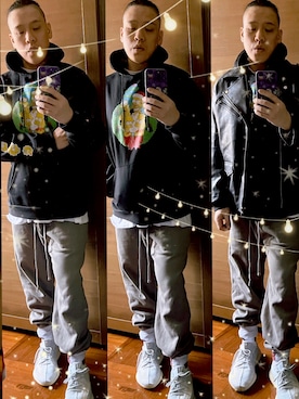 「H&M（エイチ・アンド・エム）のアイテム（ライダースジャケット）」を使った、Edimundson さん（メンズ・180cm）の冬コーディネート