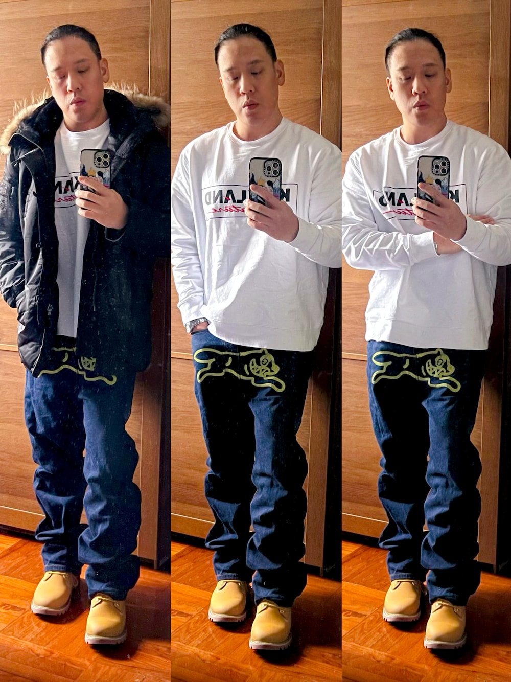 ブラック系のミリタリージャケット、ホワイト系のその他トップス、ブルー系のデニムパンツを着用したメンズの冬コーディネートの1枚目の写真