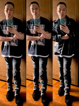 「H&M（エイチ・アンド・エム）のアイテム（ライダースジャケット）」を使った、Edimundson さん（メンズ・180cm）の冬コーディネート