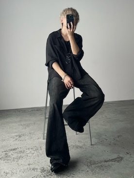 「WYM LIDNM（ウィム バイ リドム）のRAYON JACQUARD CROPPED SHIRT（シャツ/ブラウス、グレー系）」を使った、col.さん（メンズ・172cm）の夏コーディネート