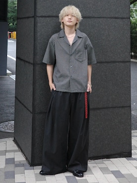 「WYM LIDNM（ウィム バイ リドム）のCLASSIC PLAID BOX H/S SHIRT（シャツ/ブラウス、ブラック系）」を使った、col.さん（メンズ・172cm）の夏コーディネート