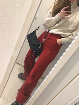 「アイテム（デニムパンツ、レッド系）」を使った、hamiさん（レディース・158cm）の冬コーディネート