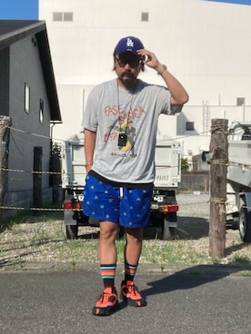 「アイテム（帽子、ブルー系）」を使った、oillnomuraさん（メンズ・175cm）の夏コーディネート