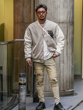 「アイテム（スタジャン）」を使った、adamsJUGGLERさん（メンズ・173cm）の冬コーディネート