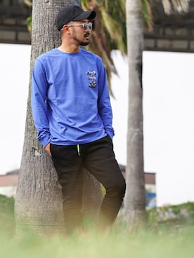 「adamsJUGGLER（アダムスジャグラー）のプログレスバイカースウェットパンツ（スウェットパンツ）」を使った、adamsJUGGLERさん（メンズ・173cm）の夏コーディネート