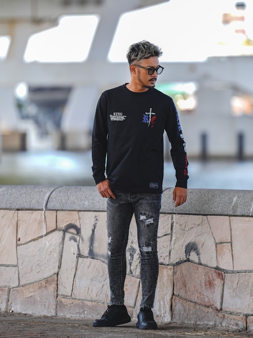 アダムスジャグラー　Tシャツ　パンツ ケミカルブラックデニムロングパンツ（デニムパンツ