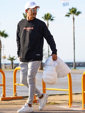 「adamsJUGGLER（アダムスジャグラー）のプログレスバイカースウェットパンツ（スウェットパンツ）」を使った、adamsJUGGLERさん（メンズ・173cm）の秋コーディネート