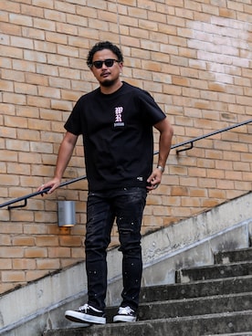 「adamsJUGGLER（アダムスジャグラー）のW/R R.S.タン・ベアティー（Tシャツ/カットソー、ブラック系）」を使った、adamsJUGGLERさん（メンズ・173cm）の夏コーディネート