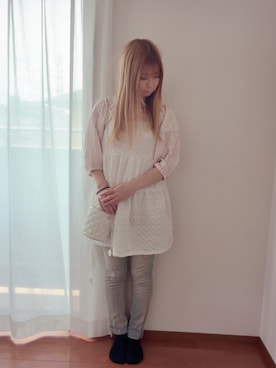 「しまむら（シマムラ）のワンピース（ワンピース、ホワイト系）」を使った、きみみchan♡さん（レディース・152cm）の夏コーディネート