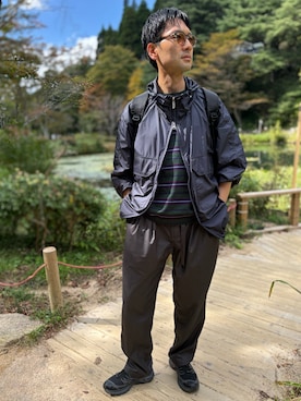 「アイテム（メガネ、グレー系）」を使った、モジャ男さん（メンズ・172cm）の秋コーディネート