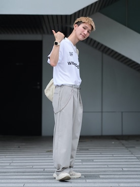 「WISH FOR EVER（ウィッシュフォーエバー）のDRAW CODE GAME SHIRT/ドローコードゲームシャツ（Tシャツ/カットソー）」を使った、いったさん（メンズ・169cm）の夏コーディネート