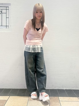 「ESPERANZA（エスペランサ）の【SPORTS SANDAL COLLECTION】厚底グリッターベルクロスポサン（サンダル、ホワイト系）」を使った、miyuさん（レディース・150cm）の夏コーディネート