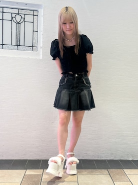 「ESPERANZA（エスペランサ）のフェイクファーベルト付き2WAYスポサン（サンダル、ホワイト系）」を使った、miyuさん（レディース・150cm）の夏コーディネート