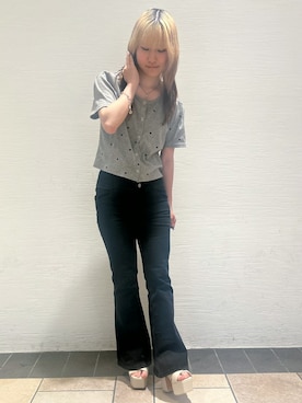 「ESPERANZA（エスペランサ）の【ラク盛り/約12㎝】ラク盛り厚底サンダル（サンダル、ホワイト系）」を使った、miyuさん（レディース・150cm）の夏コーディネート