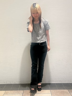 「ESPERANZA（エスペランサ）の【ラク盛り/約12㎝】ラク盛り厚底ツイストリボンサンダル（サンダル、ブラック系）」を使った、miyuさん（レディース・150cm）の夏コーディネート