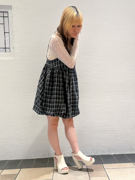 「ESPERANZA（エスペランサ）の【ラク盛り/約12㎝】ラク盛り厚底ストラップサンダル（サンダル、ホワイト系）」を使った、miyuさん（レディース・150cm）の夏コーディネート