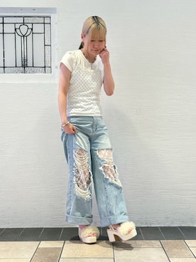 「ESPERANZA（エスペランサ）の【ナチュ盛り/約10cm】ナチュ盛り2WAYフリルサンダル（サンダル、ホワイト系）」を使った、miyuさん（レディース・150cm）の夏コーディネート