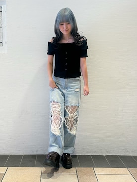 「ESPERANZA（エスペランサ）のプラットフォームローファー（パンプス、ブラウン系）」を使った、miyuさん（レディース・150cm）の夏コーディネート