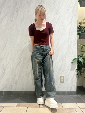 「ESPERANZA（エスペランサ）のラメライン厚底スニーカー（スニーカー、ベージュ系）」を使った、miyuさん（レディース・150cm）の夏コーディネート