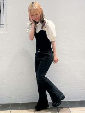 「ESPERANZA（エスペランサ）のきゅんフィットシフォンリボンスニーカー（スニーカー、ブラック系）」を使った、miyuさん（レディース・150cm）の夏コーディネート