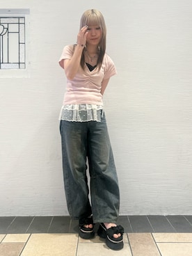 「ESPERANZA（エスペランサ）の【SPORTS SANDAL COLLECTION】グリッターラインリボンスポサン（サンダル、ブラック系）」を使った、miyuさん（レディース・150cm）の夏コーディネート