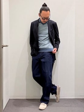 「DESIGNWORKS（デザインワークス）の【40周年】ビット ドライビング シューズ（スリッポン、グレー系）」を使った、@oki   -DESIGNWORKS-さん（メンズ・178cm）の夏コーディネート