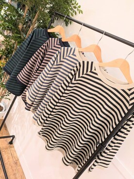 「one'sterrace（ワンズテラス）のゆったりラグラン 7分袖ボーダープルオーバー（Tシャツ/カットソー、ブラック系）」を使った、くまさん（レディース・164cm）の秋コーディネート