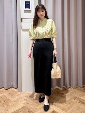 「grove（グローブ）の【貴島明日香さん着用/体型カバー】ON・OFF使えるスモッキングタックブラウス（シャツ/ブラウス、グリーン系）」を使った、rifuさん（レディース・158cm）の春コーディネート
