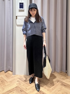 「grove（グローブ）の【貴島明日香さん着用／イージーケア／接触冷感】麻混クロップドシャツ（シャツ/ブラウス、ブルー系）」を使った、rifuさん（レディース・158cm）の春コーディネート